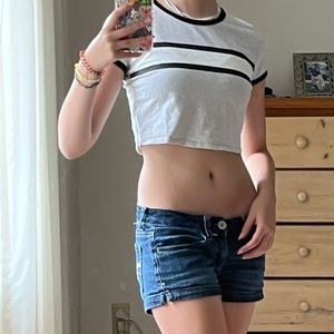 Grey crop top with white and black stripe:
